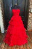 Red Strapless Tulle Layers Long Prom Dress, A Line Sweetheart Red Prom Dress