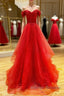 Red sweetheart off shoulder tulle Prom Dresses Long tulle Prom Dresses