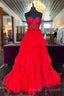 Red Sweetheart Sequins Top Multi-Layers Long Prom Dresses Tiered Prom Dress