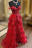 Red Sweetheart Tulle Off Shoulder Layers Long Party Dress, A-Line Red Tulle Prom Dress