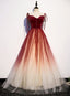 Red Sweetheart Velvet and Tulle Straps Long Party Dress, Gradient Tulle A-line Prom Dress