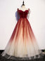 Red Sweetheart Velvet and Tulle Straps Long Prom Dress, Gradient Tulle A Line Prom Dress