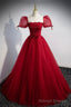 Red Tulle Floor Length Prom Prom Dress, Red Short Sleeve Graduation Dress