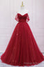 Red Tulle Long A Line Prom Dress, Off the Shoulder Formal Prom Dress