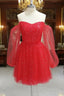 Red Tulle Long Puffy Sleeves Short Prom Dress, Red Tulle Homecoming Dress