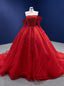 Red Tulle Long Sleeve Off the Shoulder Pearls Prom Dress