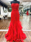 Red Tulle Ruffle Lace Mermaid Prom Dresses, Red Lace Ruffle Mermaid Long Formal Prom Dresses