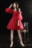 Red Tulle Short Prom Dress, A-Line Puff Sleeve Evening Party Dress
