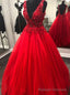 Red Tulle V Neck Backless Beading Prom Dress