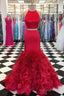 Red Two Piece Satin Ruffles Mermaid Long Prom Dresses