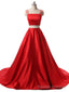 Red Two Pieces Satin Long Prom Dress, Red Satin Formal Prom Dress