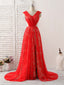 Red V Neck Lace Long Prom Dress, Lace Prom Dress