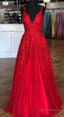 Red V-Neck Leaf Lace Prom Dress Long