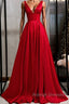 Red v neck satin Prom Dresses Long simple red Prom Dresses
