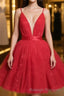 Red v neck tulle lace short prom Dresses Mini homecoming Dresses cocktail Dresses