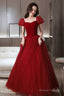 Red Velvet Tulle Long Prom Dress, Cute Short Sleeve Evening Dress