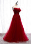 Burgundy Lace Long Prom Dresses, A Line Spaghetti Strap Prom Dresses