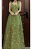 Retro A-Line Spaghetti Straps Ankle Length Green Lace Prom Dress Birthday Outfits