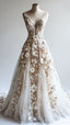Retro A-Line V-Neck Tulle 3D Applique Wedding Dresses Simple Beaded Prom Gowns