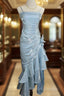 Retro Baby Blue Vintage Floral Dresses Asymmetrical Hem Prom Gown