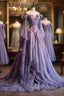 Retro Ball Gown Off The Shoulder Lilac Tulle Flowers Evening Dress Prom Dresses
