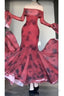 Retro Mermaid Off The Shoulder Floral Red Long Sleeves Prom Dress Birthday Outfits