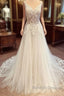 Romantic Long A Line Spaghetti Straps Appliques Lace Backless Wedding Dresses