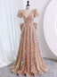 Rose Gold Sequins V Neck Short Sleeve Bow Prom Dress