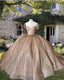 Rose Gold Sleeved Corset Ball Gown Dress