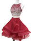 Round Neck 2 Pieces Short Burgundy Beaded Prom Dress, Two Pieces Short Burgundy Formal Homecoming Dresses