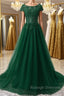 Round Neck Cap Sleeves Lace Long Prom Dress Tulle Lace Prom Dress