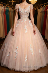 Round Neck Cap Sleeves Lace Pink Long Prom Dress, Pink Lace Formal Dress, Pink Evening Dress, Ball Gown