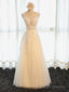 Round Neck Champagne Lace Prom Dresses, Champagne Lace Formal Prom Bridesmaid Dresses