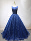 Round Neck Dark Navy Blue Long Prom Dresses with Corset Back, Navy Blue Formal Prom Dresses