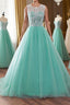Round Neck Green Lace Tulle Long Prom Dresses, Green Lace Formal Dresses, Green Evening Dresses