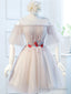 Round Neck Half Sleeves Short Pink Prom Dresses, Half Sleeves Short Pink Graduation Bridesmaid Dresses
