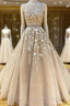 Round Neck Long Champagne Lace Wedding Dresses, Champagne Lace Formal Prom Evening Dresses