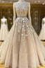 Round Neck Long Champagne Lace Wedding Dress Champagne Lace Prom Dress