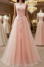 Round Neck Pink Lace Long Prom Dress Pink Lace Bridesmaid Dress