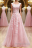 Round Neck Pink Lace Prom Dresses, Pink Lace Long Formal Evening Dresses
