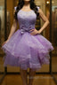 Round Neck Purple Lace Short Prom Dresses, Lilac Lace Homecoming Dresses, Purple Formal Evening Dresses