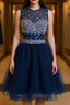 Round Neck Short Dark Blue Prom Dress Short Dark Blue Homecoming Dress