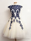 Round Neck Short White And Blue Lace Prom Dresses, Short Lace Homecoming/Graduation Dress