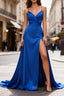 Royal Blue A Line Spaghetti Straps Satin Prom Dresses with Slit