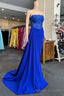 Royal Blue Appliques Strapless Long Formal Gowns with Attached Train