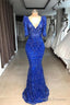 Royal blue Beaded Lace appliques 1/2 sleeve Mermaid Prom Prom Gown
