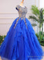 Royal Blue Cap Sleeves Long Ball Gown Party Dress, Blue Prom Dress
