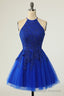 Royal Blue Homecoming Dresses Halter Sleeveless Applique A-Line Mini Prom Dresses