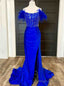 Royal Blue Mermaid Crystal Feather Prom Dress