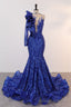 Royal Blue Mermaid One Sleeve Prom Dresses Sequined Lace Jewel Ruffles Evening Party Dress with Appliques